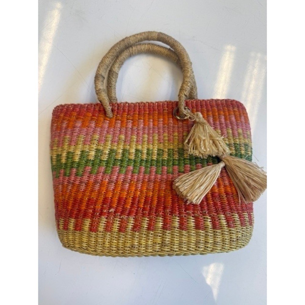 Vintage Bolga Basket Bag Multicolor Woven Tote Raffia Tassel Ghana 1970s‎ Boho